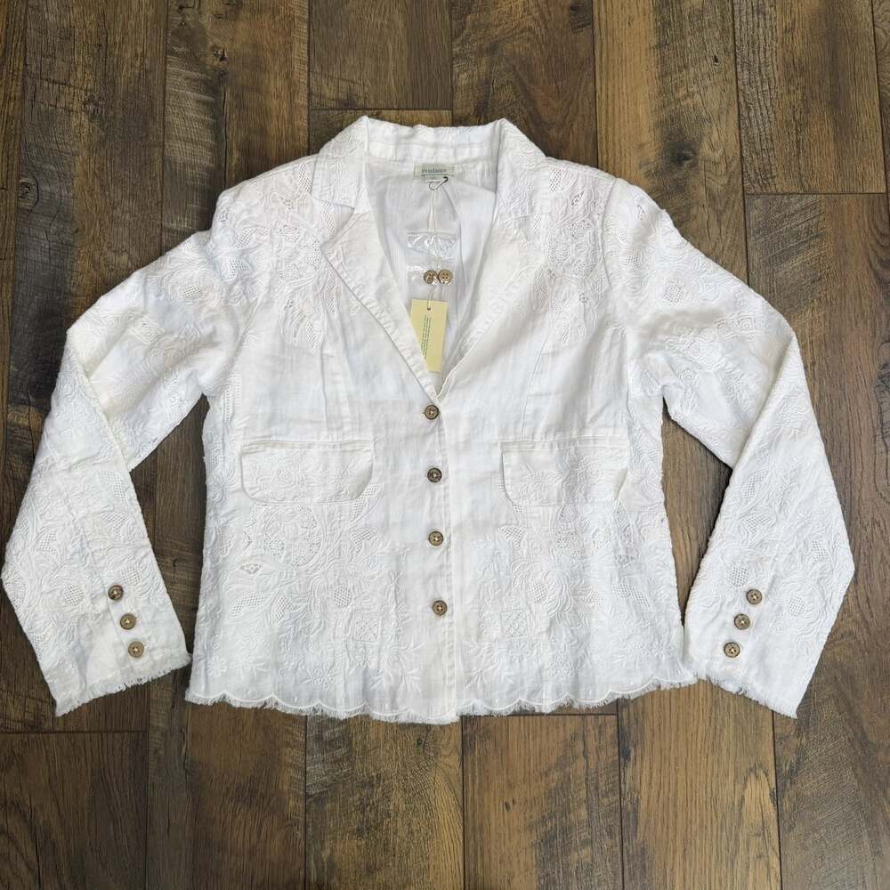 Sundance Women’s Medium White Embroidered Ramie Blazer Jacket NWT Flaw